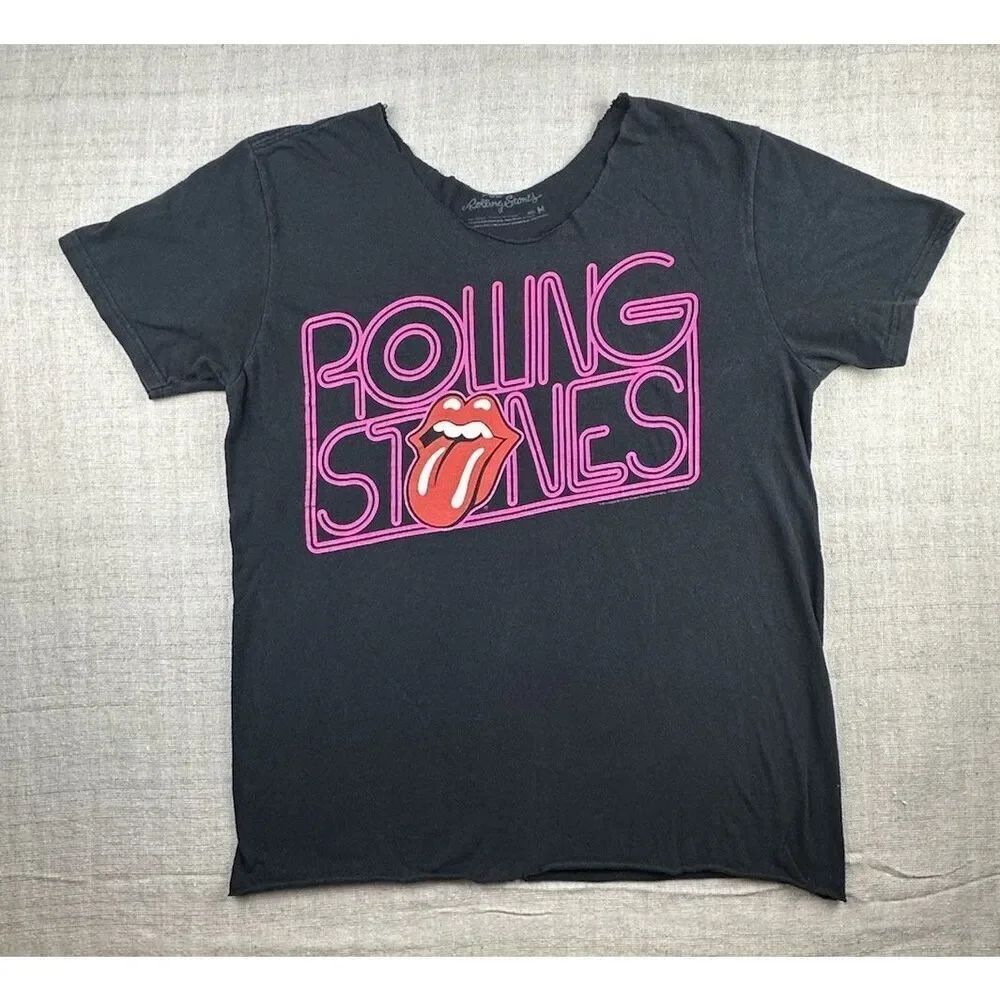 The Rolling Stones Women’s Medium Graphic Black T Shirt 70’s Design Neon Sign